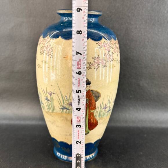 Satsuma Style Asian Vase Geisha Girls Hand Painted Teal & Gold 9” - Picture 8 of 9